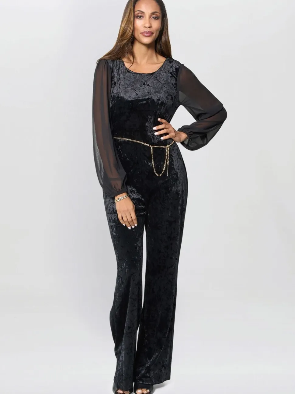 Gina Bacconi Alaska Velvet Black Jumpsuit With Sheer Sleeves