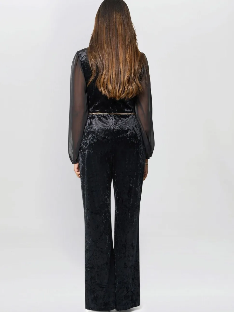 Gina Bacconi Alaska Velvet Black Jumpsuit With Sheer Sleeves