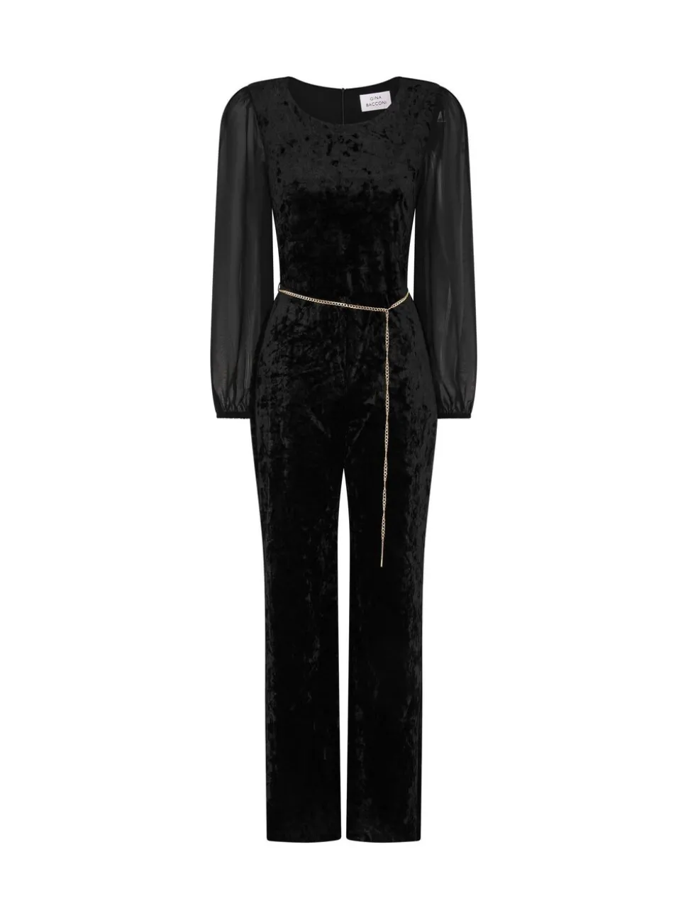 Gina Bacconi Alaska Velvet Black Jumpsuit With Sheer Sleeves