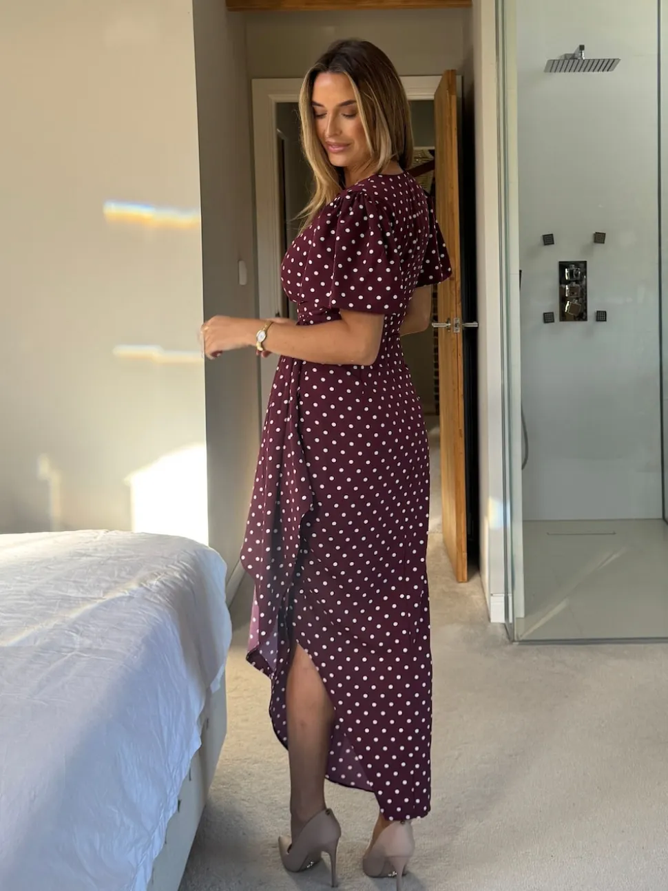 Girl In Mind Drew Polka Dot Puff Sleeve Wrap Front Midi Dress