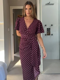 Girl In Mind Drew Polka Dot Puff Sleeve Wrap Front Midi Dress