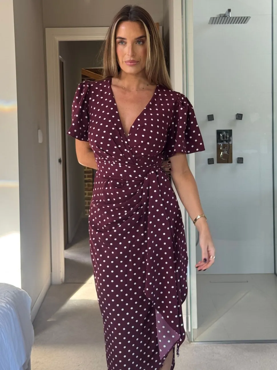 Girl In Mind Drew Polka Dot Puff Sleeve Wrap Front Midi Dress