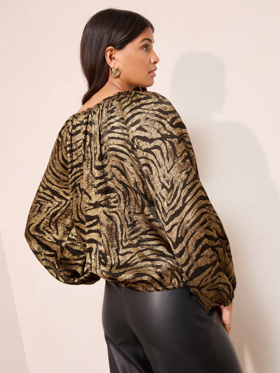 Gold Zebra Print - Friends Like These Long Sleeve Bubble Hem Tie Neck Blouse