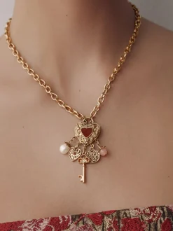 Goudkleurig - Cluster Heart Charm Long Necklace
