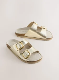 Goudkleurig leer - Sandalen met dubbele bandjes en voetbed