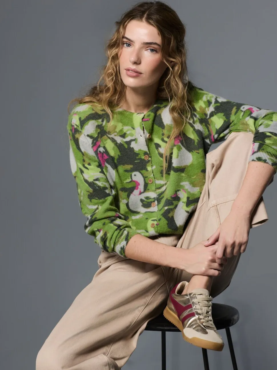 Green Duck Print - Gebreid vest met ronde hals