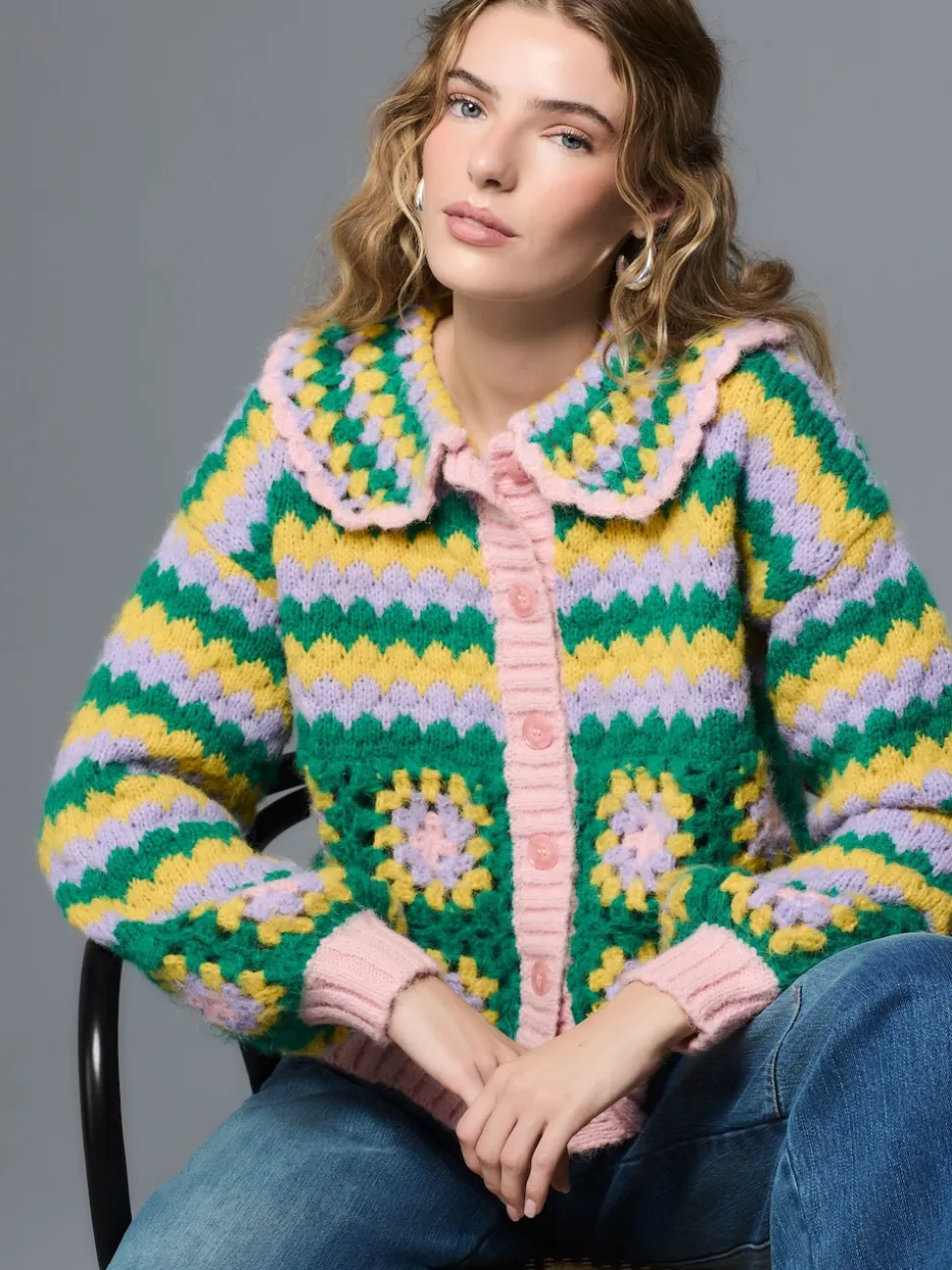 Green Multi Patch - Hand Crochet Collar Cardigan