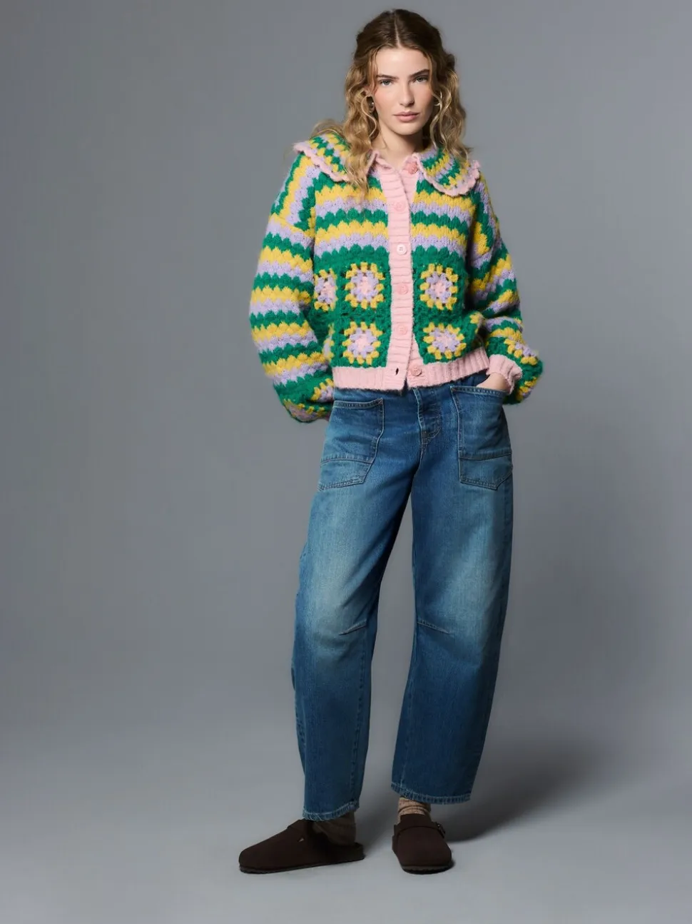 Green Multi Patch - Hand Crochet Collar Cardigan