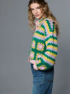 Green Multi Patch - Hand Crochet Collar Cardigan