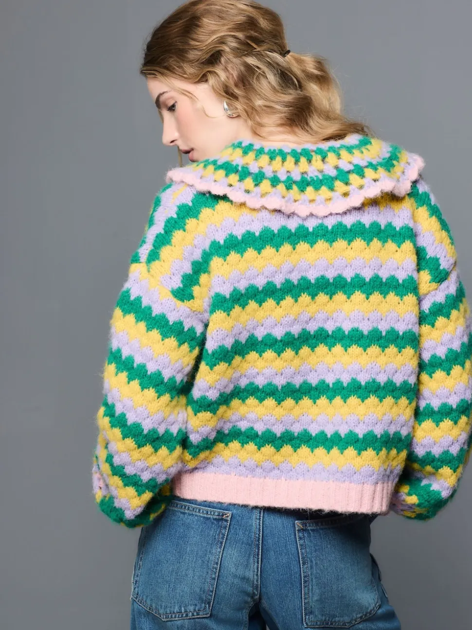 Green Multi Patch - Hand Crochet Collar Cardigan