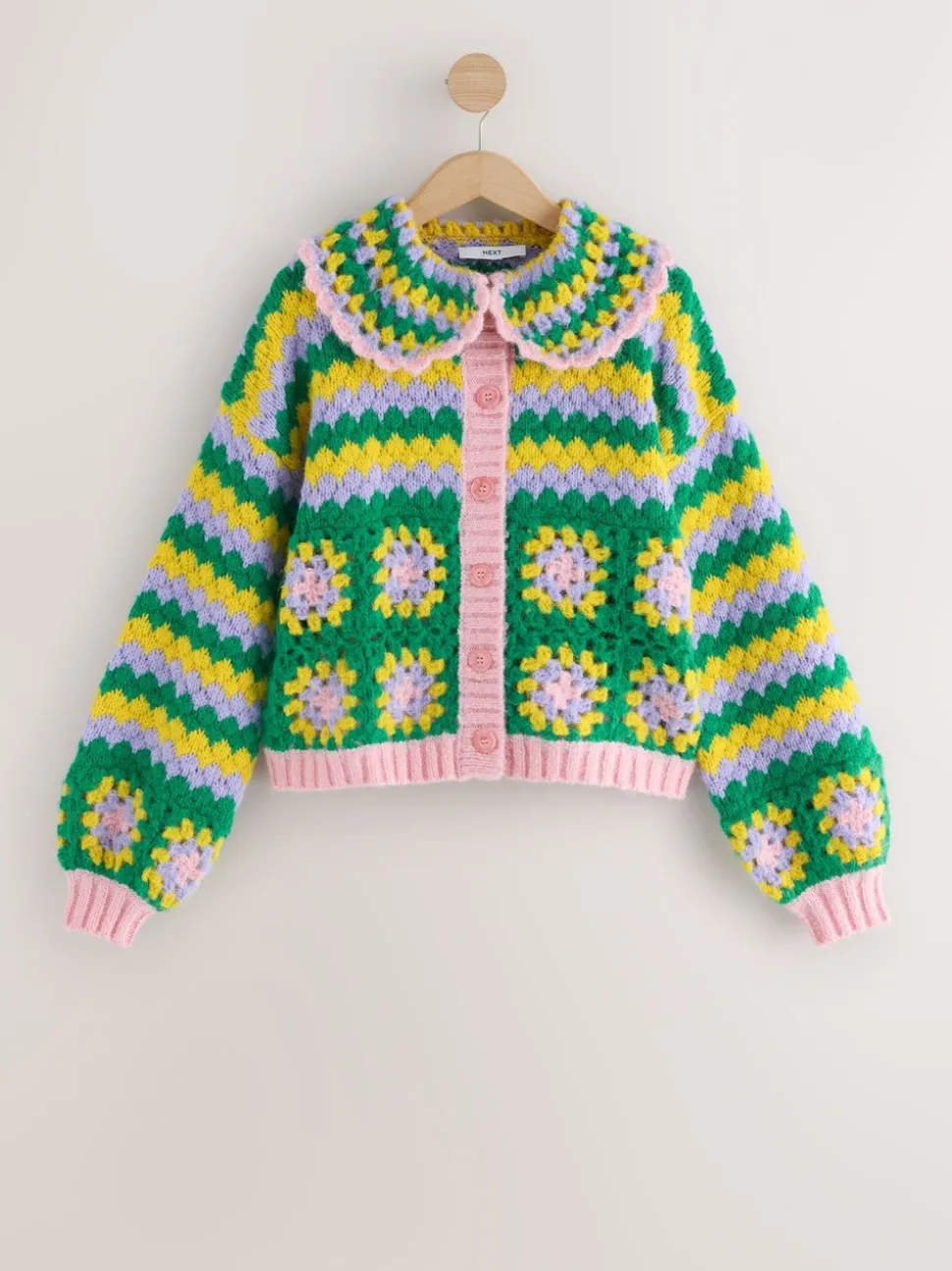 Green Multi Patch - Hand Crochet Collar Cardigan