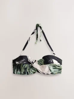 Green/Black Leaf - Twist Padded Wired Bandeau Bikini Top