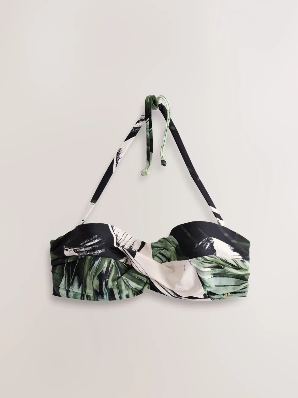 Green/Black Leaf - Twist Padded Wired Bandeau Bikini Top