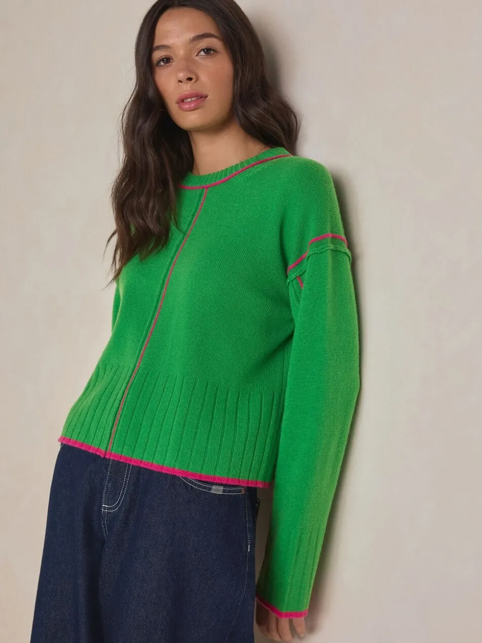 Green/Pink Tipped - 100% N.Premium trui van lamswol met ronde hals