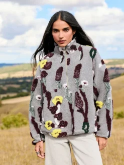 Grey Floral Jacquard - Floral Jaquarded Borg Half Zip Neck Fleece Sweatshirt