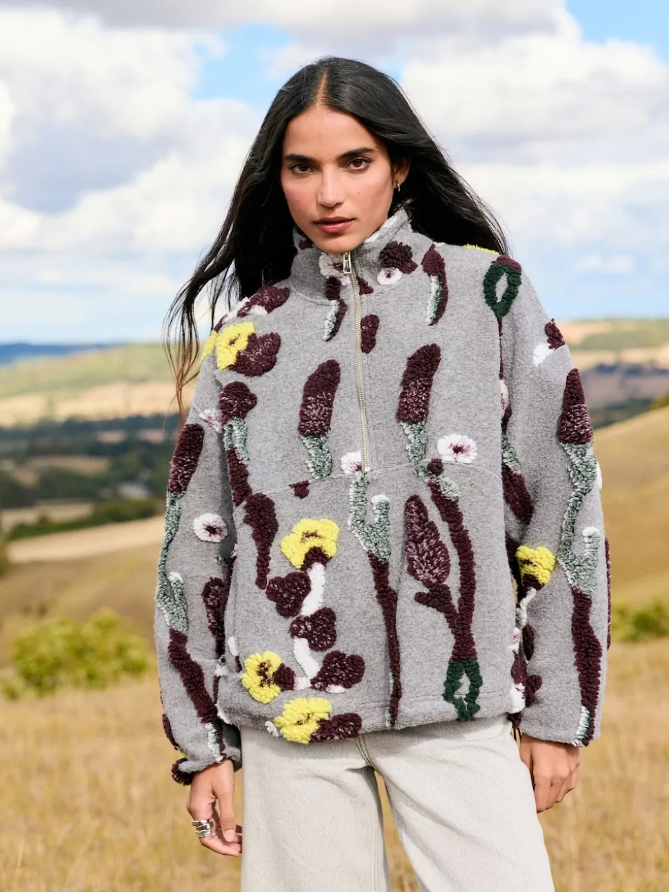 Grey Floral Jacquard - Floral Jaquarded Borg Half Zip Neck Fleece Sweatshirt
