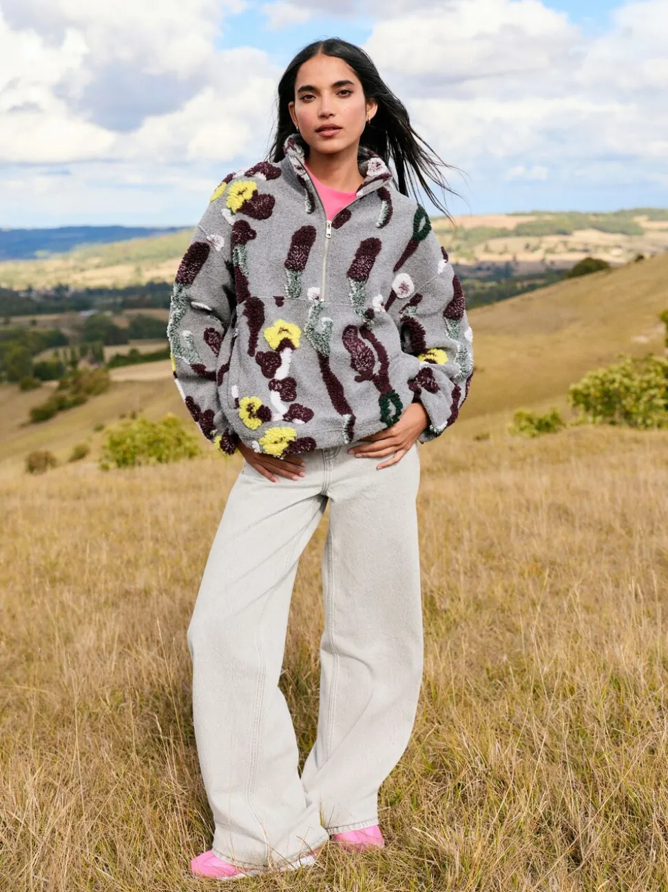 Grey Floral Jacquard - Floral Jaquarded Borg Half Zip Neck Fleece Sweatshirt