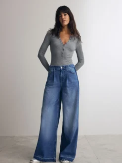 Grijs - Geribbelde Henley-bodysuit met lange mouwen