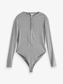 Grijs - Geribbelde Henley-bodysuit met lange mouwen