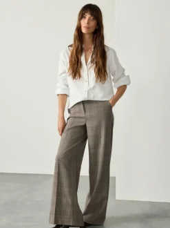 Grijs - Geruite, geborstelde, modieuze broek met hoge taille en wijde pijpen