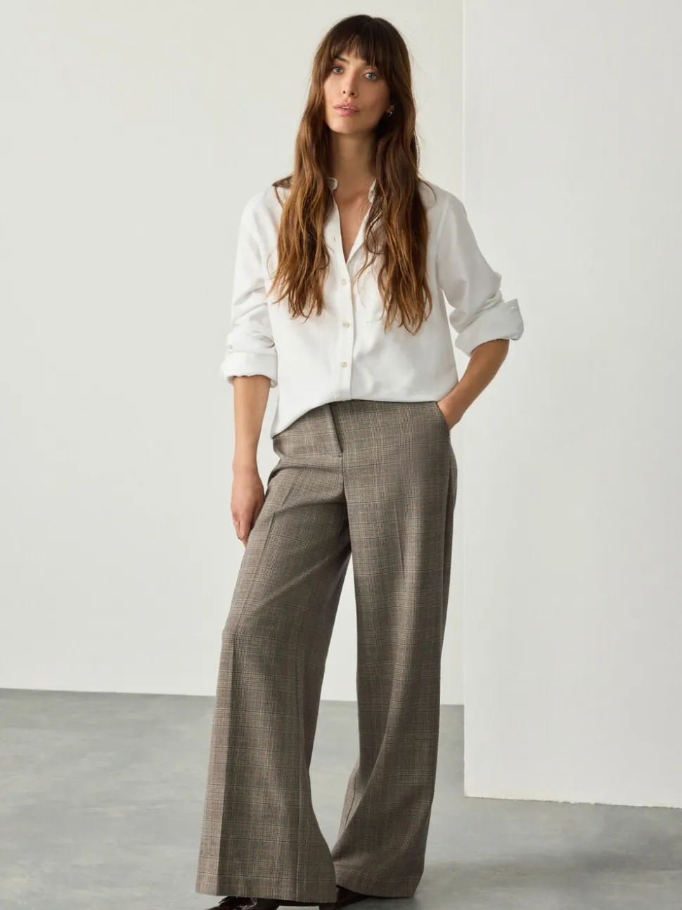 Grijs - Geruite, geborstelde, modieuze broek met hoge taille en wijde pijpen