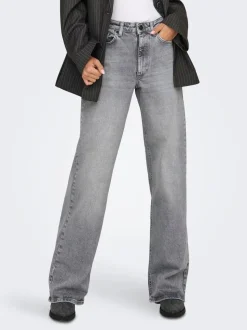 Grijs - ONLY - Jeans met hoge taille en wijde pijpen van 100% katoen