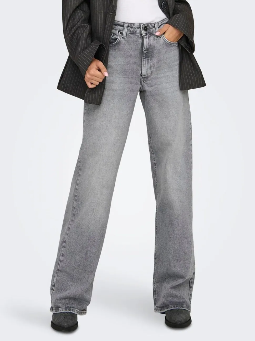 Grijs - ONLY - Jeans met hoge taille en wijde pijpen van 100% katoen