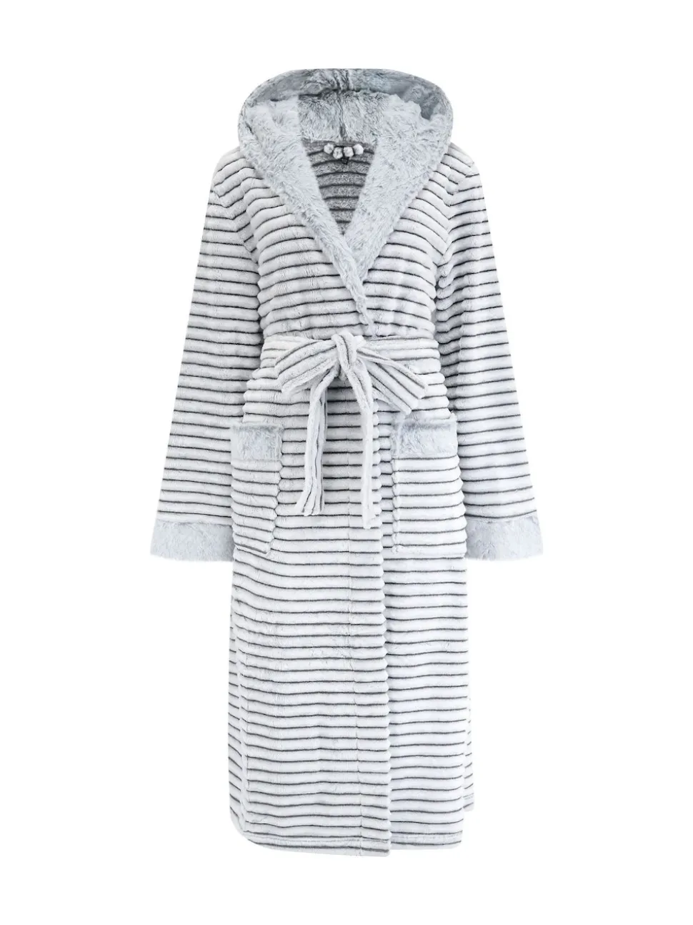 Grijs - Pour Moi Knusse Geribde Fleece Midi Badjas met Capuchon