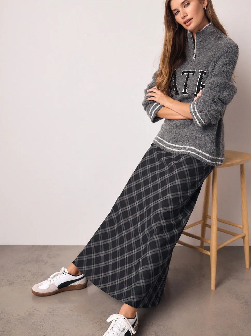 Grijs - Ruit Midi Slip Rok