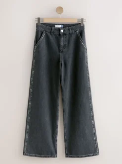 Grijs - Washed Black Embellished Studded High Rise Palazzo Wide Leg Jeans