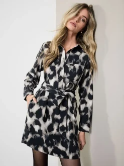 Grijs met luipaardprint - Mini Long Sleeve Tie Waist Shirt Dress