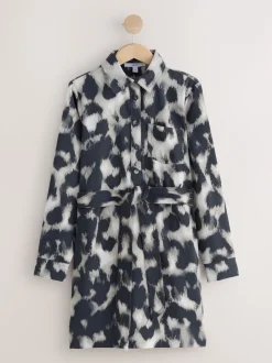 Grijs met luipaardprint - Mini Long Sleeve Tie Waist Shirt Dress