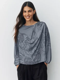 Grijs met touwprint - Twist Neck Long Sleeve Blouse