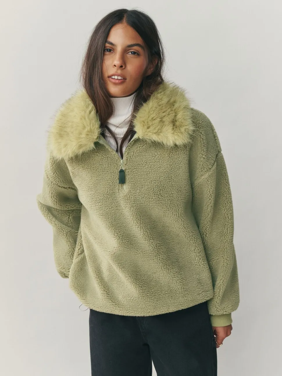 Grijs-groen - Borg Quarter Zip Fleece with Fur Collar