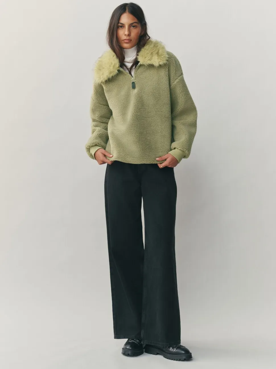 Grijs-groen - Borg Quarter Zip Fleece with Fur Collar
