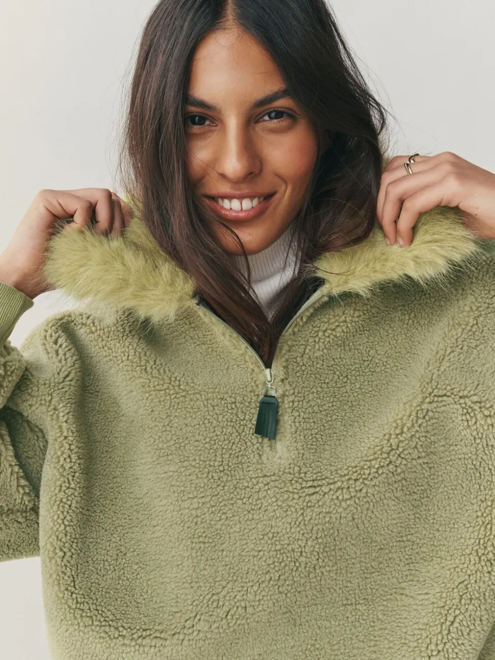 Grijs-groen - Borg Quarter Zip Fleece with Fur Collar