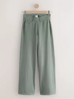 Grijs-groen - Jersey denim broek met wijde pijpen