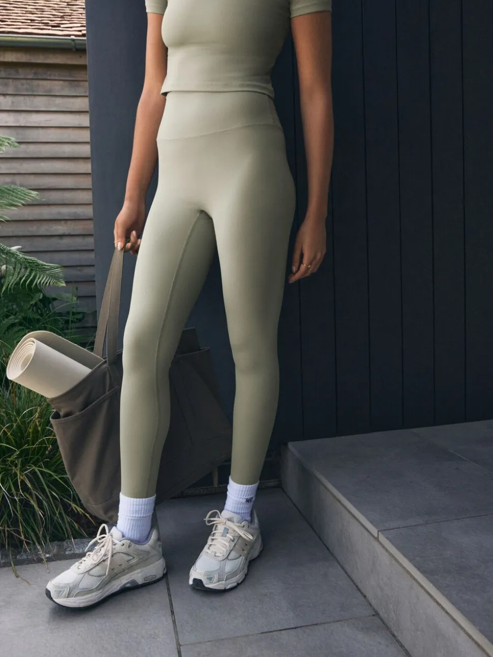 Grijs-groen - self. Legging met hoge taille