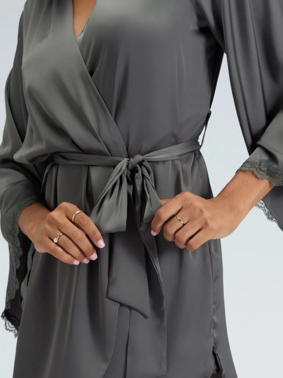 Groen - Boux Avenue Kaya Lace Trim Satin Robe