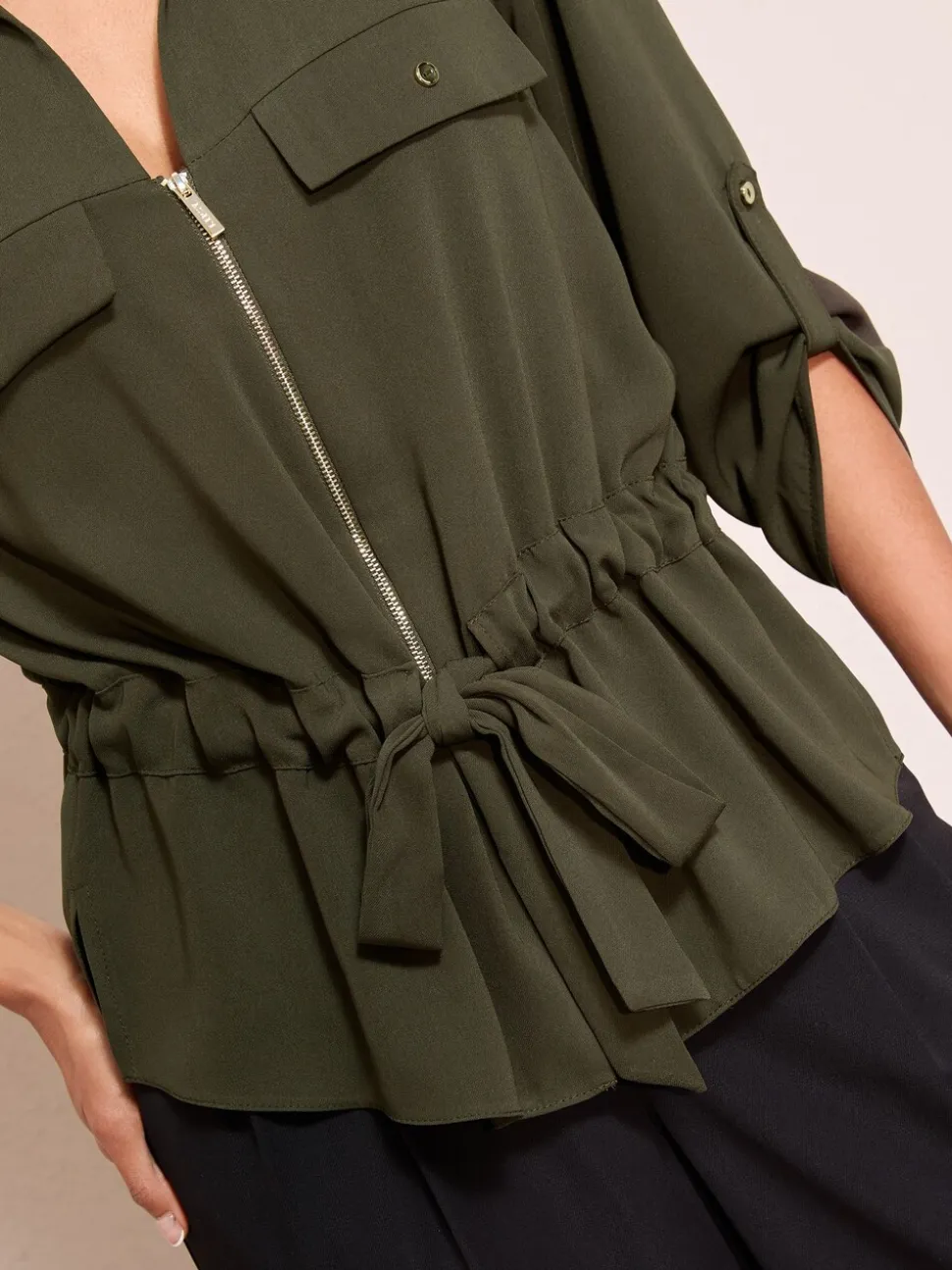 Groen - Friends Like These Utility Style Tie Waist Shirt