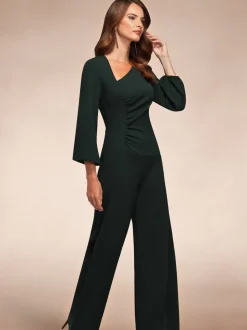 Groen - Hot Squash Ruched Jumpsuit with Sleeves