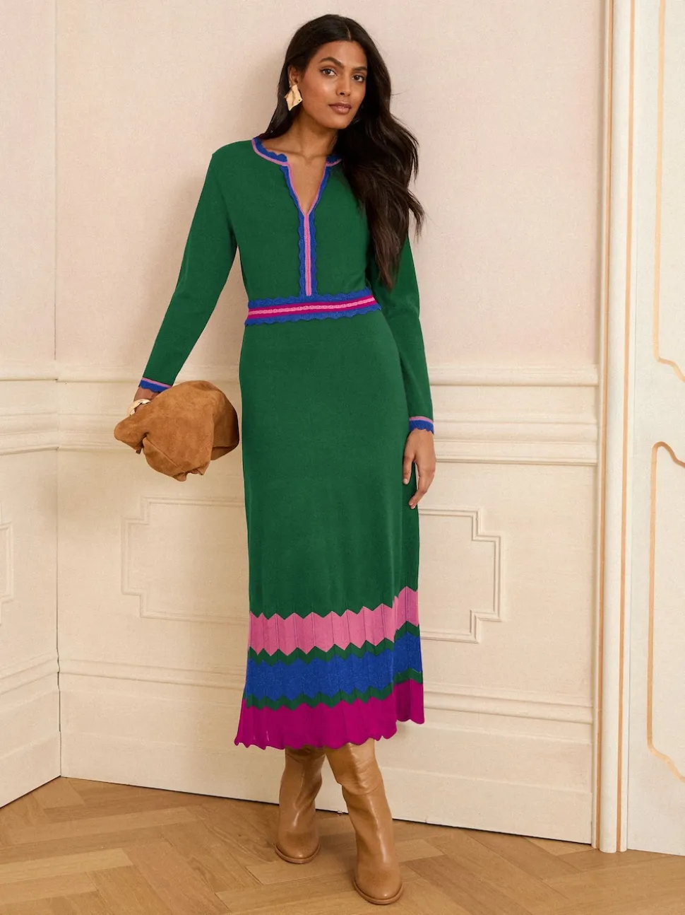 Groen - Love & Roses - Gebreide midi-jurk met halsinkeping