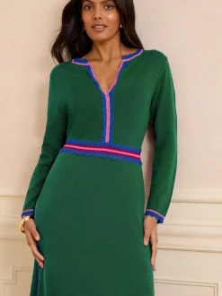 Groen - Love & Roses - Gebreide midi-jurk met halsinkeping