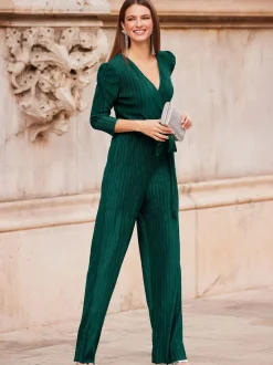Groen - Sosandar plissé jumpsuit met overslag aan de voorkant
