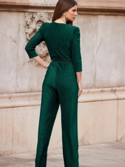 Groen - Sosandar plissé jumpsuit met overslag aan de voorkant