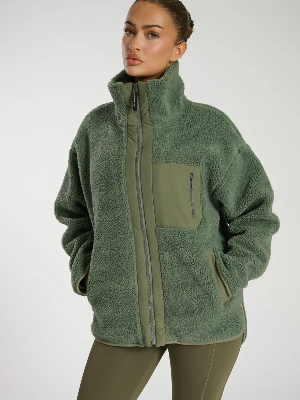 Groen - South Beach borg jas met ritssluiting