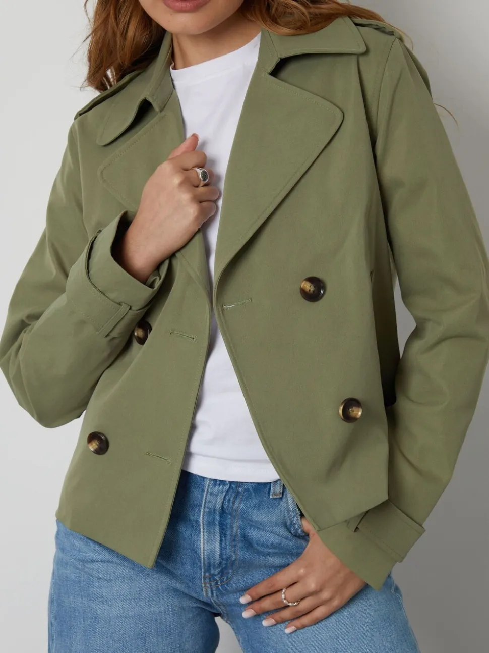 Groen - Threadbare cropped trenchcoat met dubbele rij knopen