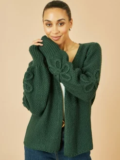 Groen - Yumi Edge to Edge Cardigan With Flower Detail Sleeves