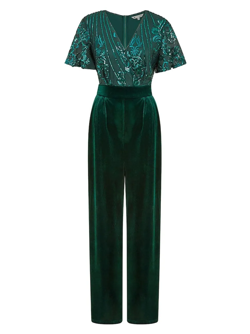 Groen - Yumi jumpsuit met engelmouwen, van fluweel en versierd met lovertjes
