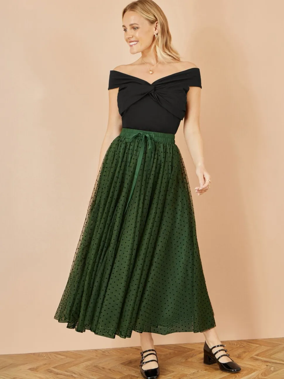 Groen - Yumi Mesh Heart Print Tulle Skirt